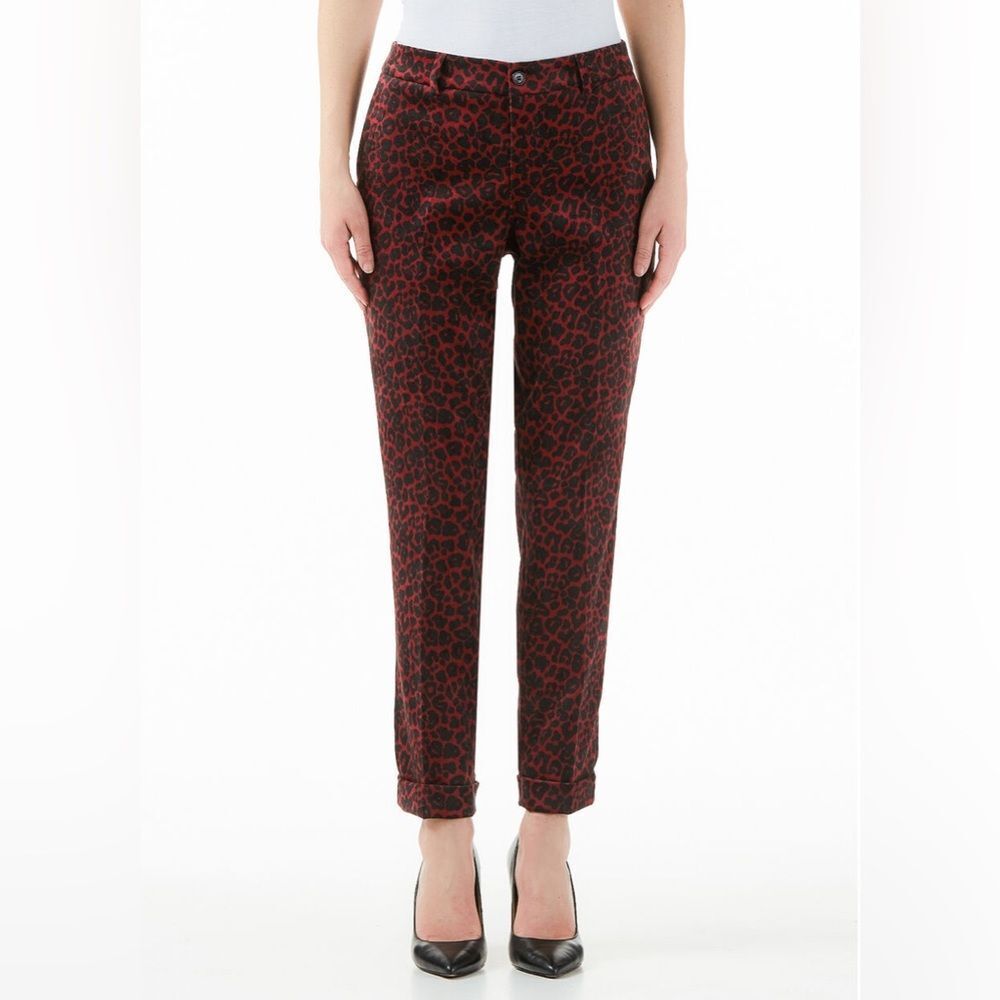 LIU JO Leopard Print Velvet Corduroy Tapered Chinos Burgundy Red/Black Sz 29